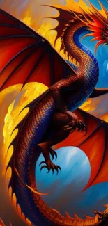 Epic dragon in fiery sky wallpaper with vibrant colors.