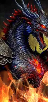 Epic dragon with fiery red eyes and dark scales on phone wallpaper.