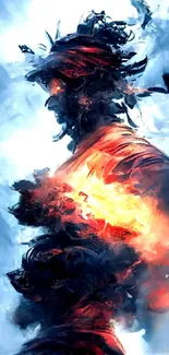 Epic fantasy art with fiery figure against a blue backdrop for mobile wallpaper.