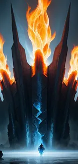 Epic fiery fantasy landscape wallpaper with towering structures and flames.