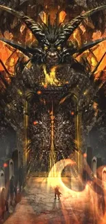 Fiery dragon guarding the Gates of Hell in fantasy wallpaper.