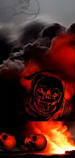 Grim reaper with skulls in fiery smoky background wallpaper.