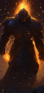 Epic fiery knight in armor amidst embers.