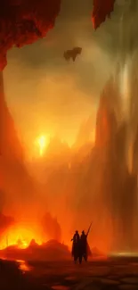 Epic fiery fantasy landscape with warriors and flames.