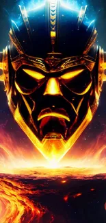 Epic golden mask with flames over fiery landscape wallpaper.