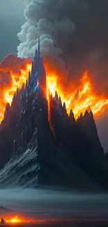 Epic fiery mountain with smoke and flames, perfect for mobile wallpaper.