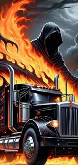 Fiery hooded figure above a truck in flames, dark art mobile wallpaper.