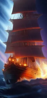 Fiery ship sails through ocean flames at night, creating an epic visual spectacle.