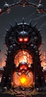 Epic mobile wallpaper with fiery skull gateway and flames.