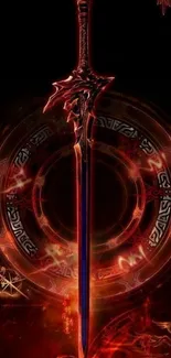 Epic fiery sword with glowing red design on dark background.