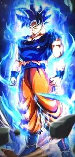 Epic anime warrior surrounded by blue energy glow.