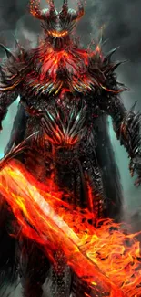 Epic dark warrior with a flaming sword.