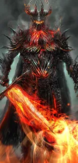 Epic fiery warrior with flaming sword mobile wallpaper.