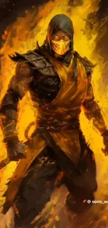 Epic warrior engulfed in orange flames wallpaper.