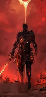 Epic fiery warrior standing boldly in a red, dramatic setting.