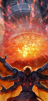 Epic anime warrior in fiery battle with cosmic explosion.