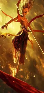 Fiery warrior leaps amidst flames in dynamic mobile wallpaper.