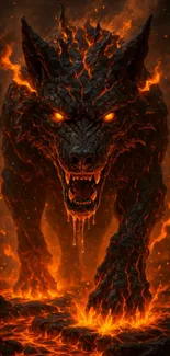 Fiery wolf emerging from lava with glowing eyes.