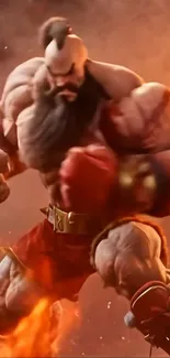 Muscular action fighter in dramatic setting.