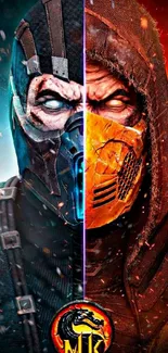 Split image of two fighters with blue and orange contrast on mobile wallpaper.