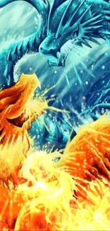 Fiery phoenix and icy dragon artwork in epic battle.