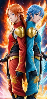 Epic fantasy wallpaper of fire and ice warriors back-to-back.