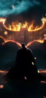 Dark hero with fiery bat symbol background.