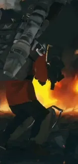 Dynamic battle scene with fiery explosions in background.