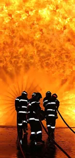 Dynamic scene of firefighters battling a massive fire with vivid orange flames.