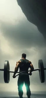 Silhouette of a bodybuilder lifting weights under a cloudy sky.