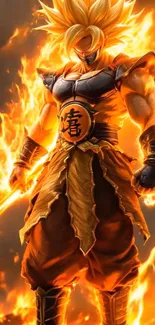 Flaming anime warrior with vibrant energy.