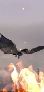 Flying dragon over flames in gray sky.