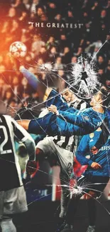 Dynamic football action wallpaper with shattered glass effect.