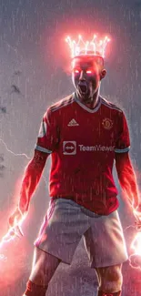 Epic digital art of a football player with glowing eyes in the rain.