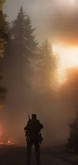 Warrior silhouette in misty forest sunset.