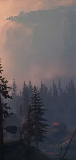 A misty forest with a hovering alien spaceship in a sci-fi setting.