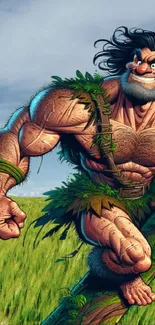 Epic artwork of a muscular warrior running across a vibrant green landscape.