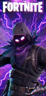 Fortnite character with purple lightning in mobile wallpaper.