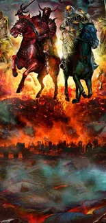 Epic Four Horsemen ride through fiery landscape in vivid mobile wallpaper design.