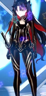 Anime warrior in black and red suit with cosmic backdrop.