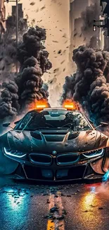 Futuristic car with neon lights and dramatic smoke in a cyberpunk cityscape.