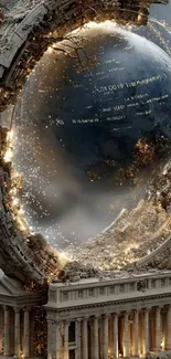 Futuristic cityscape with cosmic portal and architectural details in digital art.