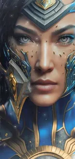 Epic futuristic warrior with intricate armor design in a blue-dominant artwork.