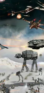 Epic galactic battle scene with spacecraft and robots in a snowy landscape.