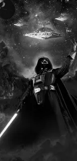 Epic galactic scene with dark-cloaked figure and spaceships, perfect for sci-fi fans.