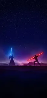 Silhouetted duel with blue and red lightsabers under a starry sky wallpaper.