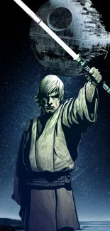 Heroic figure with lightsaber under cosmic sky wallpaper.