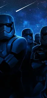 Stormtroopers under a starry blue sky.