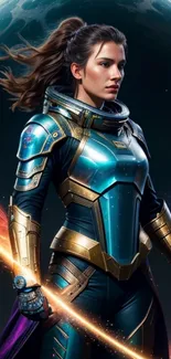 Futuristic female warrior in space with vibrant cosmic background.