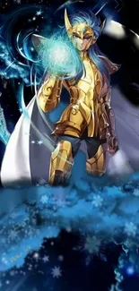 Golden armored warrior in cosmic anime art with vibrant background.